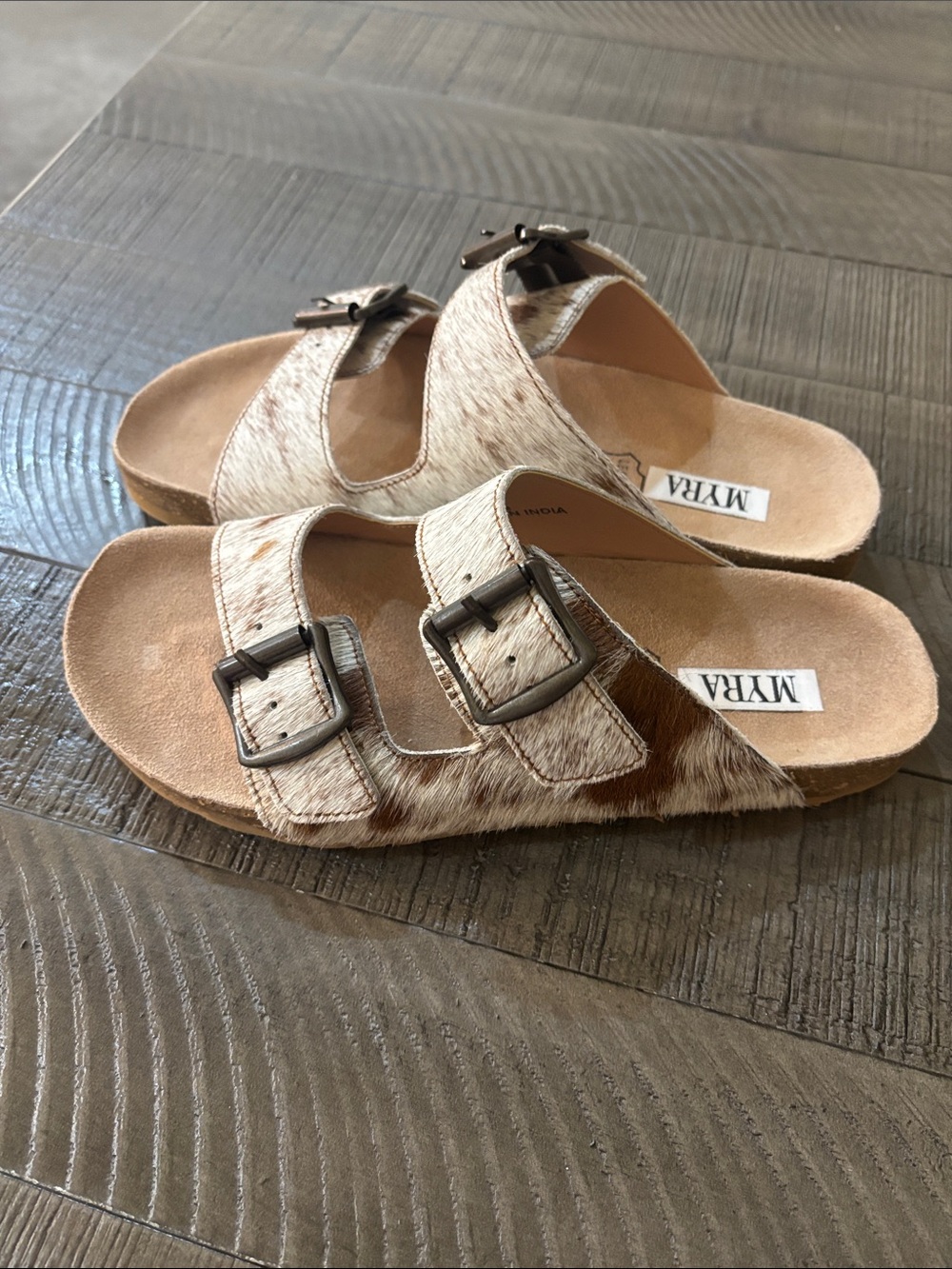 Myra Cowhide Two-Buckle Slide Sandals in Brown and Cream - Picture 2 of 7